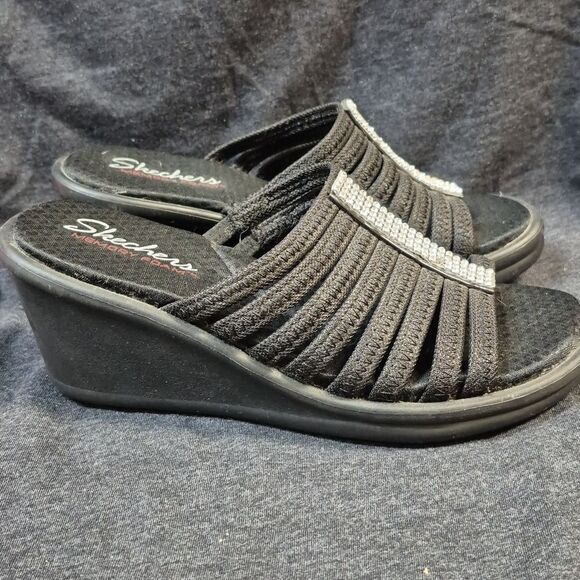 Skechers Women's 7 Black Sparkle Wedge Sandal - New - Picture 4 of 8